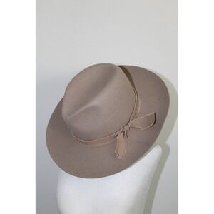 Olive & Pique Kaia Taupe‎ Brown 100% Wool Wide Brim Fedora Hat Raw Edge Ribbon